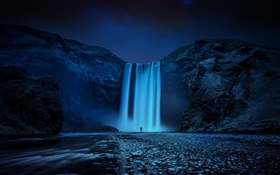 Islandia, rocas, cascada, noche
