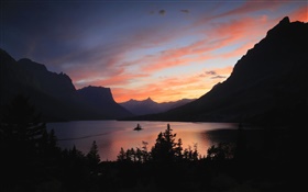 Lago, montañas, árboles, salida del sol, mañana, amanecer HD fondos de pantalla