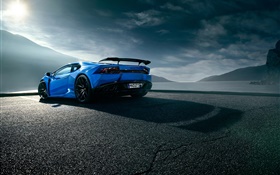 Lamborghini Huracan azul supercar vista trasera, nubes HD fondos de pantalla