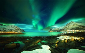Islas Lofoten, Noruega, las luces del norte, montañas, mar, piedras, noche HD fondos de pantalla
