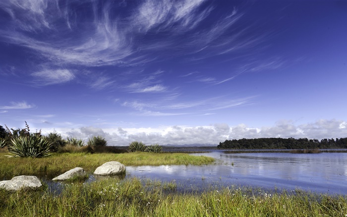 Nueva Zelanda, lago, rocas, hierba, cielo azul, nubes Fondos de pantalla, imagen
