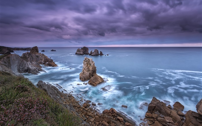 Norte de España, Cantabria, costa, mar, rocas, nubes, oscuridad Fondos de pantalla, imagen