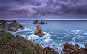 Norte de España, Cantabria, costa, mar, rocas, nubes, oscuridad HD fondos de pantalla