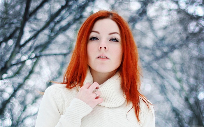 chica bonita, de pelo rojo, invierno, nieve Fondos de pantalla, imagen