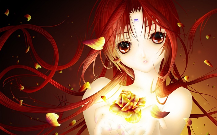 Muchacha roja del anime del pelo, pétalos de rosa Fondos de pantalla, imagen