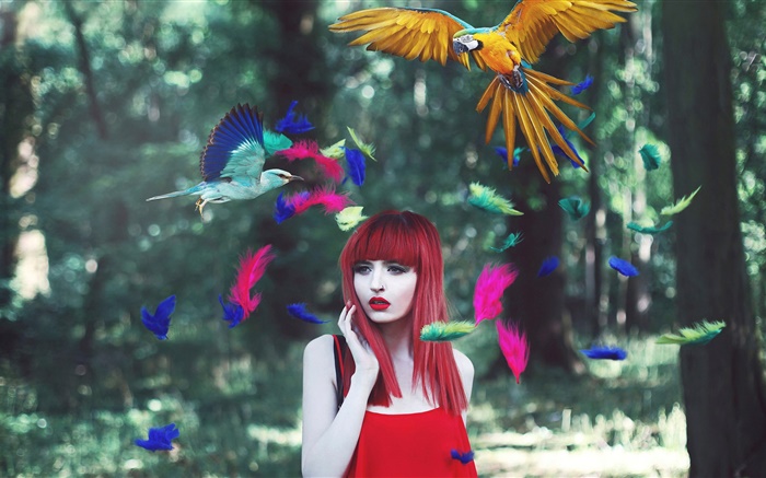 muchacha roja del pelo, plumas de colores, pájaros, imágenes creativas Fondos de pantalla, imagen