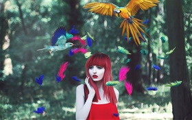 muchacha roja del pelo, plumas de colores, pájaros, imágenes creativas