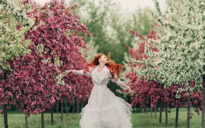 danza niña de pelo rojo, flores, árboles, primavera, bokeh Fondos de pantalla, imagen