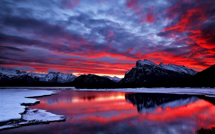 cielo rojo, nubes, resplandor, puesta del sol, montaña, lago, nieve, invierno Fondos de pantalla, imagen