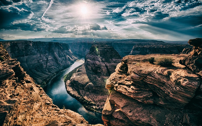 Río, la curva de herradura, Arizona, EE.UU., cañón, sol, nubes Fondos de pantalla, imagen
