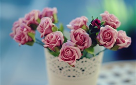 flores color de rosa, rosa, florero, fondo borroso