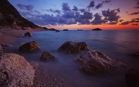 Mar, puesta del sol, nubes, cielo, noche, piedras, costa HD fondos de pantalla