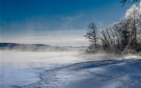Vapor, niebla, lago, árboles, montañas, invierno, nieve HD fondos de pantalla