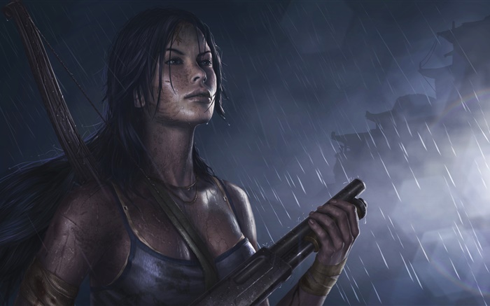 Tomb Raider, chica, escopeta, lluvia Fondos de pantalla, imagen