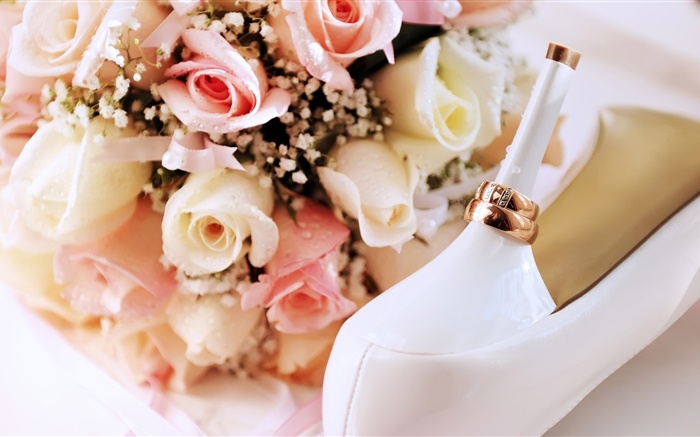 Los anillos de boda, rosa rosa flores, zapatos de tacón Fondos de pantalla, imagen