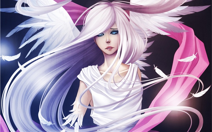 El pelo blanco anime girl, ángel, alas, plumas Fondos de pantalla, imagen