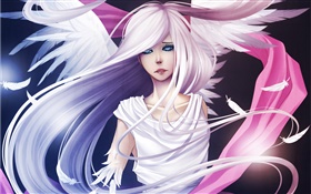 El pelo blanco anime girl, ángel, alas, plumas