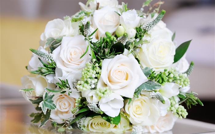rosas blancas, flores del ramo, hojas Fondos de pantalla, imagen