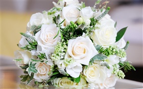 rosas blancas, flores del ramo, hojas HD fondos de pantalla