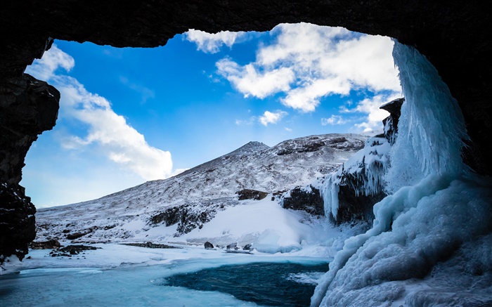 Invierno, nieve, hielo, cueva, montaña, nubes, cielo azul Fondos de pantalla, imagen