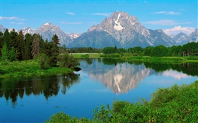 Wyoming, EE.UU., Parque Nacional Grand Teton, montañas, lago, árboles HD fondos de pantalla