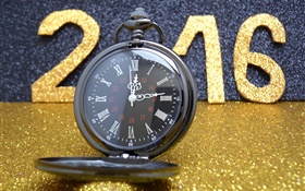 2016 Feliz Año Nuevo, brillo de oro, reloj
