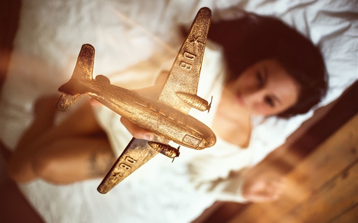 modelo del aeroplano, de oro, chica Fondos de pantalla, imagen