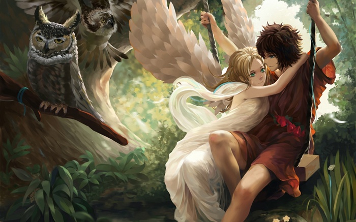 Anime niña ángel, alas, muchacho, columpio, búho Fondos de pantalla, imagen