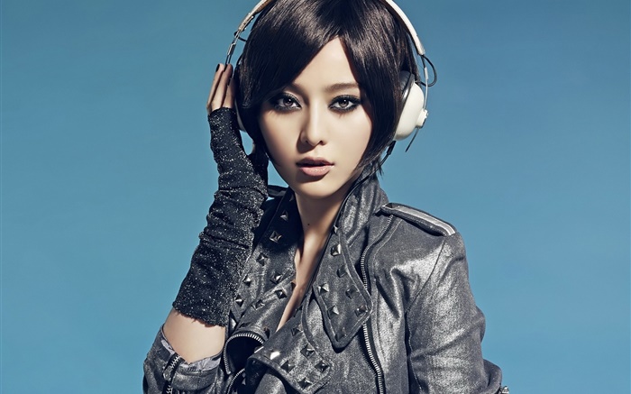niña, mirada, auriculares, fondo azul asiático Fondos de pantalla, imagen