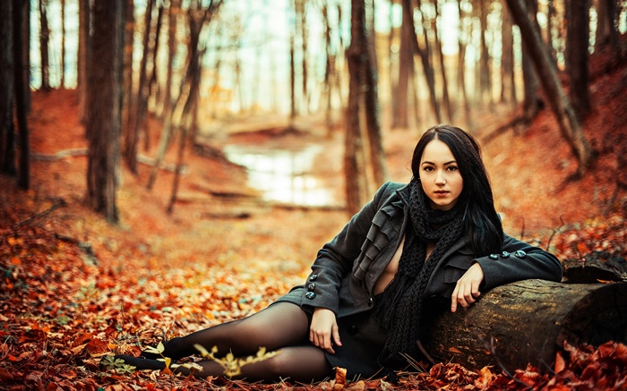 Niña de pelo negro en el bosque, otoño, las hojas amarillas Fondos de pantalla, imagen