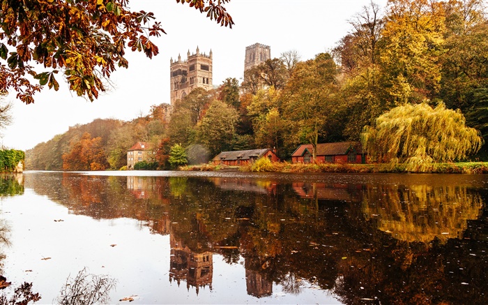 Inglaterra, Durham, casa, árboles, río, la reflexión del agua Fondos de pantalla, imagen