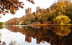 Inglaterra, Durham, casa, árboles, río, la reflexión del agua HD fondos de pantalla
