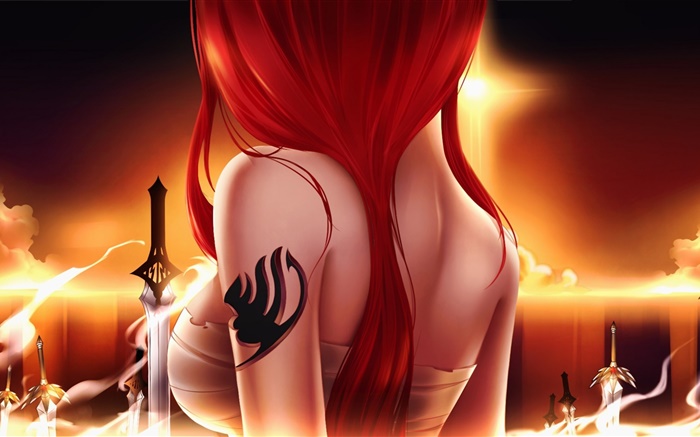 Fairy Tail, chica del animado, pelo rojo, espada, vista posterior Fondos de pantalla, imagen