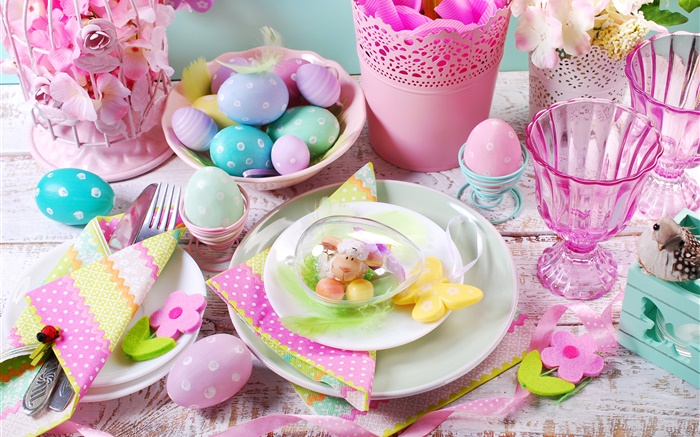 Feliz Pascua, decoración, huevos de colores, tazas, flores, primavera Fondos de pantalla, imagen