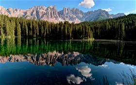 Lago, reflexión del agua, montañas, bosque