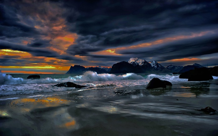 Lofoten Islands, Noruega, orilla, costa, mar, piedras, noche, nubes Fondos de pantalla, imagen