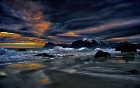 Lofoten Islands, Noruega, orilla, costa, mar, piedras, noche, nubes