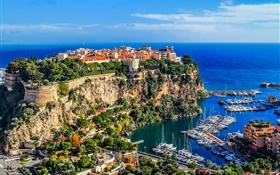 Mónaco, Monte Carlo, ciudad, rocas, mar, costa, casas, barcos