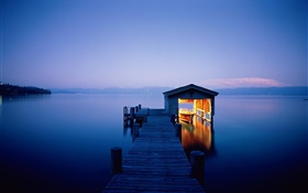 Noche, el lago, muelle, casa, barco, luces HD fondos de pantalla