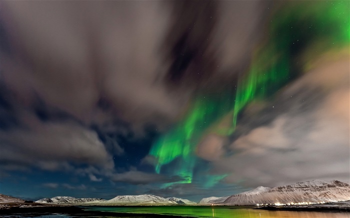 Noruega, las luces del norte, montañas, cielo, estrellas, crepúsculo Fondos de pantalla, imagen