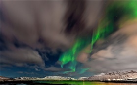 Noruega, las luces del norte, montañas, cielo, estrellas, crepúsculo