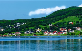 Noruega, bahía, casas, árboles, montañas, cielo azul, nubes