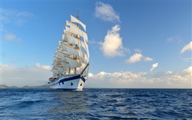 Velero, barco, mar azul, cielo, nubes HD fondos de pantalla