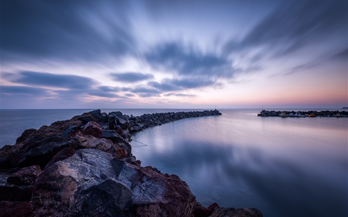Mar, piedras, costa, nubes, tarde Fondos de pantalla, imagen