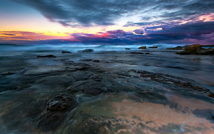 Mar, agua, piedras, nubes, puesta del sol Fondos de pantalla, imagen