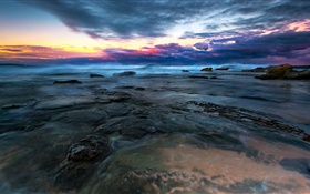 Mar, agua, piedras, nubes, puesta del sol HD fondos de pantalla