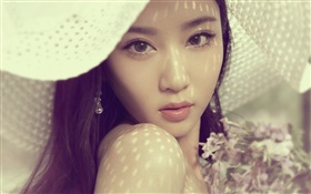 Verano, muchacha asiática, sombrero, flores HD fondos de pantalla
