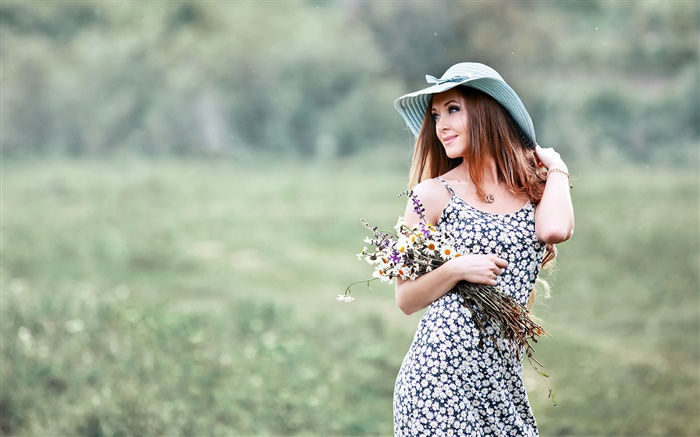 muchacha del verano, sombrero, flores Fondos de pantalla, imagen