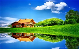 Verano, lago, casa, árboles, hierba, la reflexión del agua HD fondos de pantalla