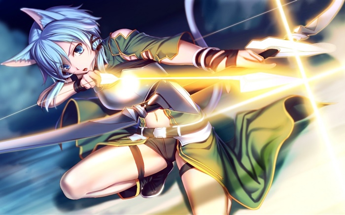 Sword Art Online, chica de pelo azul animado, arco, luz Fondos de pantalla, imagen